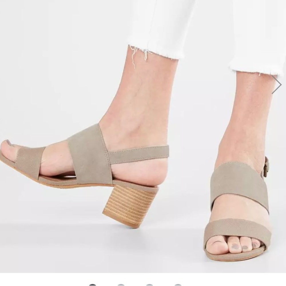 Toms Poppy Desert Taupe Suede with wood heel. Worn once.